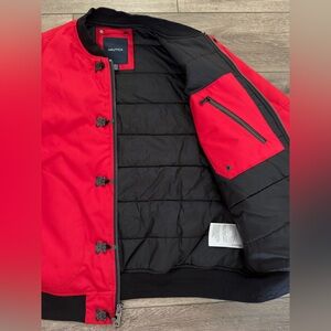 Nautica Long Sleeve Military Inspired Bomber Jacket Clasp Closure Red Mens Large